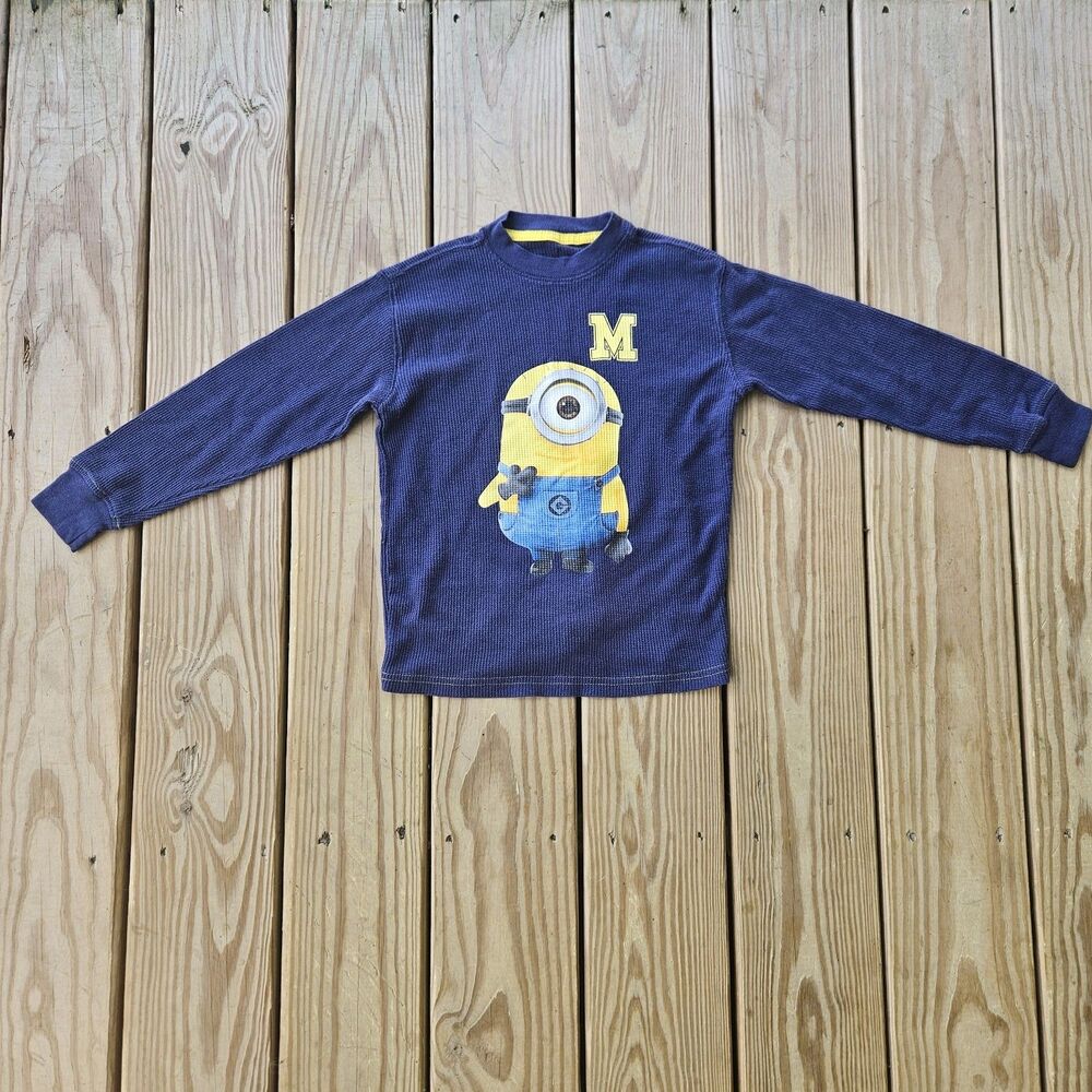 Despicable Me Minion Made Boys Thermal Long Sleeve Shirt Blue XS 4/5 Waffle Knit